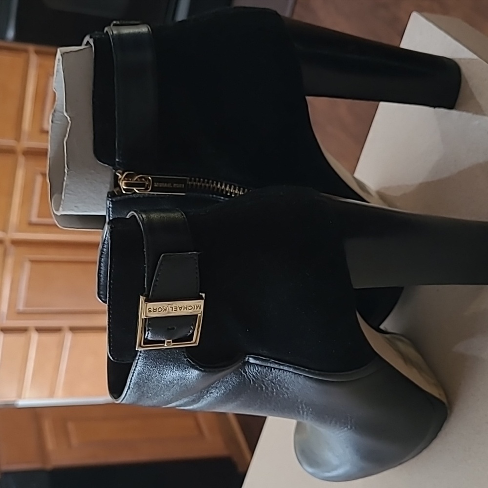 Michael Kors Black Leather & Suede Ankle Booties with Gold Buckle